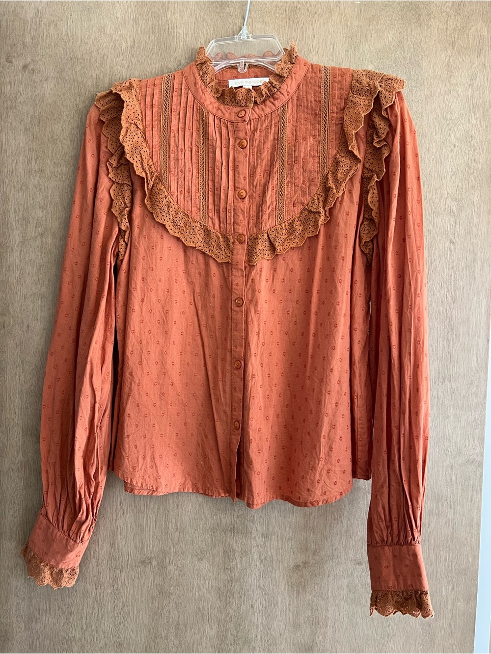 Love the Label Women's Rust Orange Cotton Eyelet Long Sleeve Blouse - Size: S - Picture 3 of 10